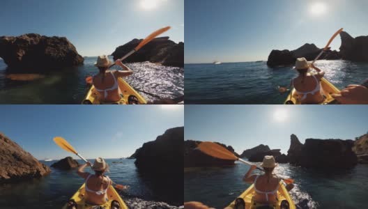 一个女人在夏天的海上划皮艇，夏天的假期高清在线视频素材下载