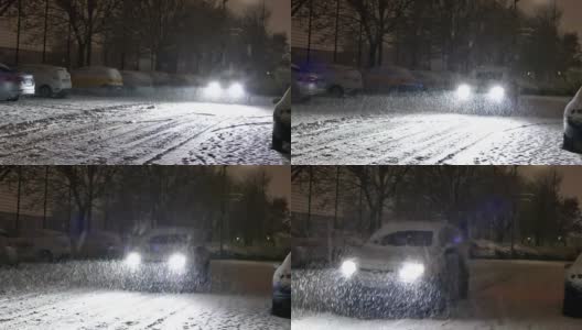一辆汽车的前灯在夜晚穿过降雪高清在线视频素材下载