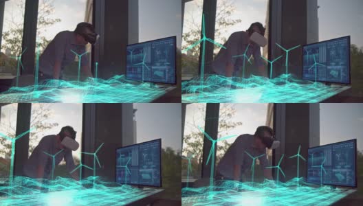 未来派男性工程师戴着虚拟现实眼镜与未来派全息图一起工作，用风力涡轮机创造替代能源解决方案高清在线视频素材下载