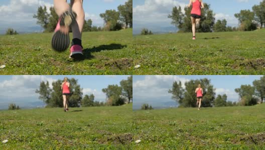 镜头前的女运动员在草地上奔跑高清在线视频素材下载
