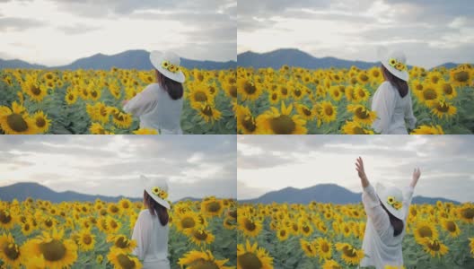 一个了不起的女人在黄色向日葵地里举起双手的背影。每天都是一个快乐的地方。向日葵田里的夕阳。自由的概念。高清在线视频素材下载