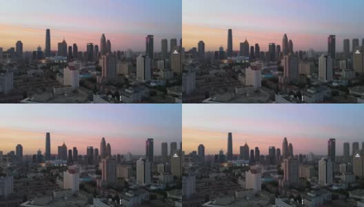 黄昏时分的天津城市全景航拍高清在线视频素材下载