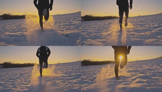 慢动作男人在雪地里慢跑高清在线视频素材下载
