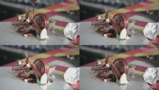 厨师装饰熔岩巧克力蛋糕高清在线视频素材下载