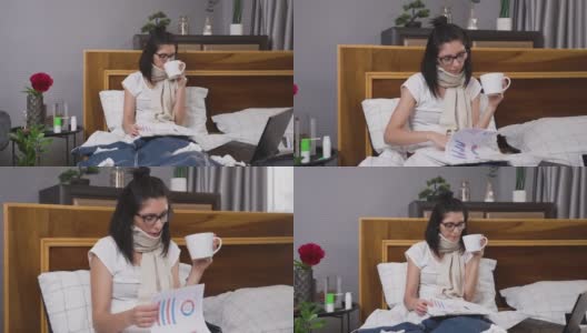 相当沮丧疲惫忙碌的妇女在流感期间在家治疗，一边喝茶一边浏览不同的报告，远程工作高清在线视频素材下载