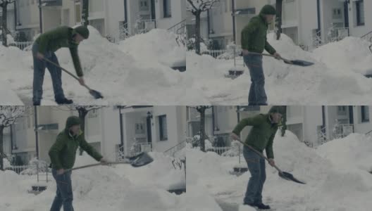 男子在雪天铲雪高清在线视频素材下载