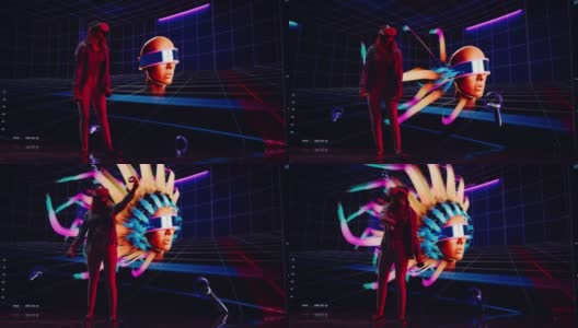 数字艺术家制作一个现代VR软件制作3D艺术作品的演示。女设计师使用耳机和控制器在舞台上的大屏幕上展示功能。高清在线视频素材下载