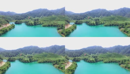 鸟瞰杭州龙井山的池塘和茶园高清在线视频素材下载