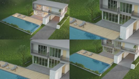 绿草如茵的草坪上带游泳池的豪宅是房地产销售或房地产投资的概念。高清在线视频素材下载