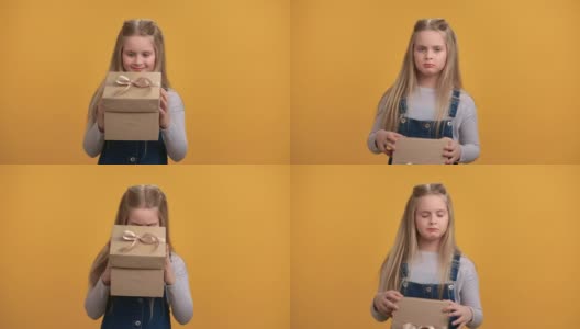 肖像微笑的小女孩打开工艺品礼盒，里面有不好的礼物，有消极的情绪高清在线视频素材下载