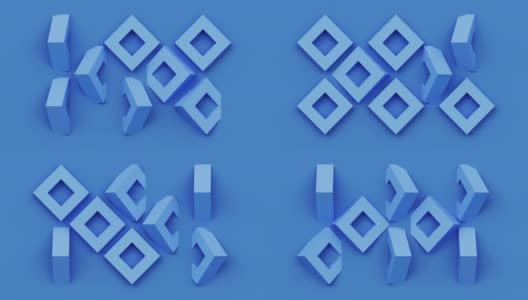 几何马赛克网格抽象无缝循环蓝色背景与方形旋转形状，三维渲染创意运动设计，壁纸菱形图案高清在线视频素材下载
