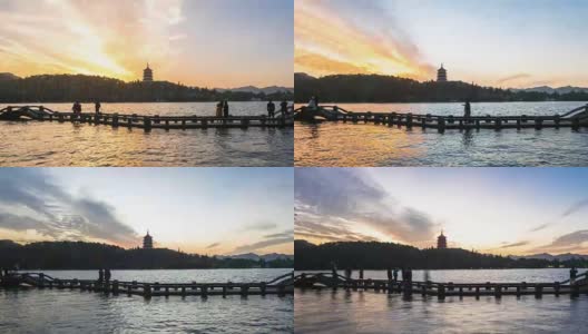西湖之桥，蓝天之塔之山。间隔拍摄4 k高清在线视频素材下载