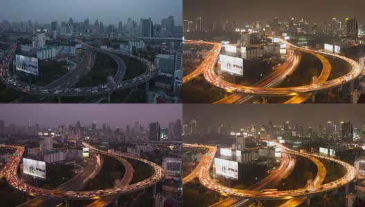 从白天到夜晚时光流逝城市交通场景公路城市夜晚高清在线视频素材下载