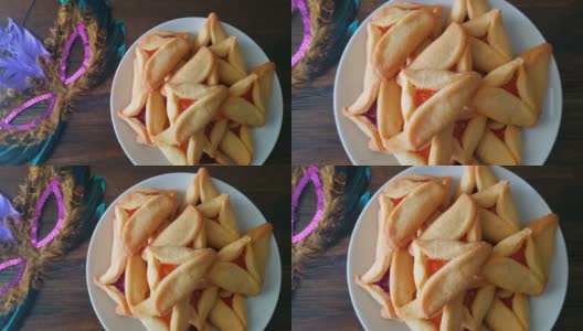 带面具的盘子上的哈曼琴——普珥节庆典高清在线视频素材下载