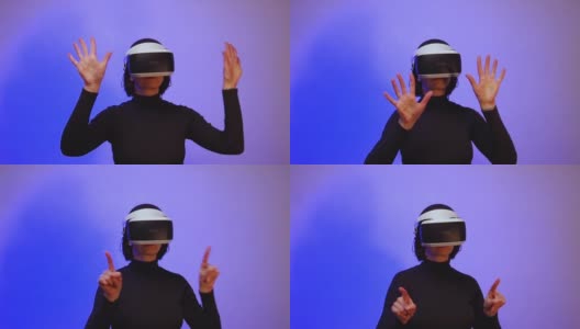 一个戴着虚拟现实头盔的女孩展开双臂，仿佛在推动着紫色霓虹灯的空间，全高清。虚拟世界的概念。虚拟空间的生活方式高清在线视频素材下载