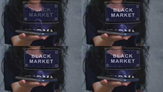 一名妇女展示了黑色市场的HUD全息图高清在线视频素材下载