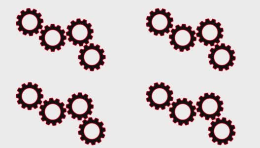 四个旋转的红色齿轮动画。旋转齿轮无缝循环。高清在线视频素材下载
