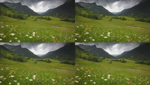 奥地利steeg- tirol附近的春天草地，有着引人注目的天空高清在线视频素材下载