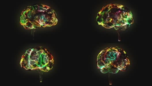 围绕着人工智能数字大脑旋转。大脑是由彩色粒子组成的高清在线视频素材下载
