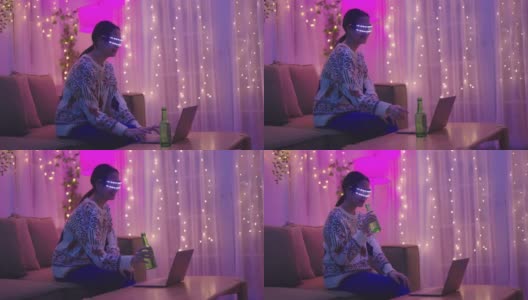年轻女子戴着VR头盔玩游戏，在虚拟现实世界中享受乐趣高清在线视频素材下载