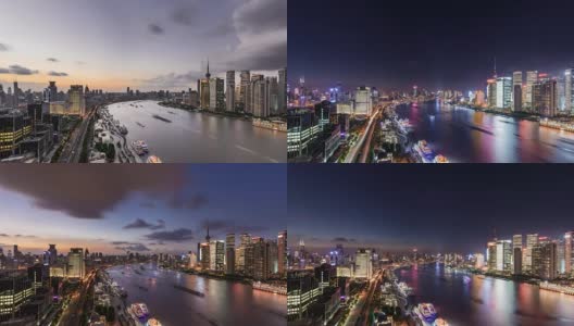 从白天到夜晚的上海天际线高清在线视频素材下载