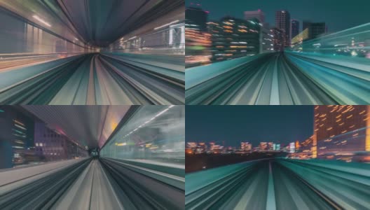 火车穿越未来霓虹灯城市的超慢速摄影高清在线视频素材下载