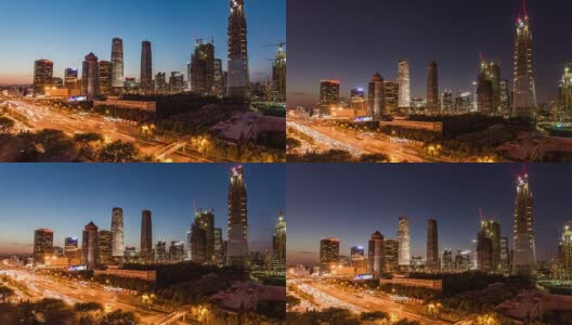 T/L WS HA PAN鸟瞰图北京CBD区域，黄昏到夜晚的过渡高清在线视频素材下载