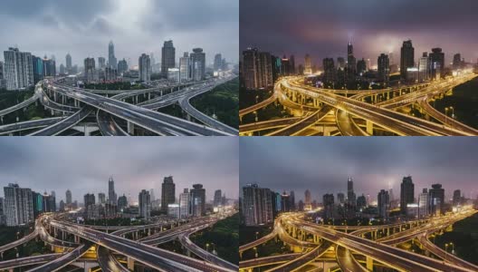 T/L WS HA鸟瞰图繁忙的道路交叉口，白天到晚上过渡/上海，中国高清在线视频素材下载