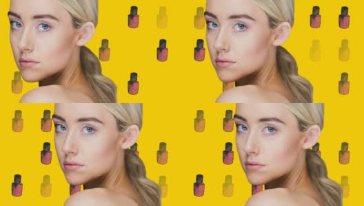 白人美丽的女人对黄色背景上的多个指甲油图标的合成视频高清在线视频素材下载