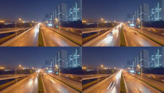 北京市内道路和现代建筑夜间交通流量为4k高清在线视频素材下载