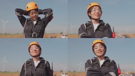 在风力发电厂穿着防护服的亚洲女工程师高清在线视频素材下载