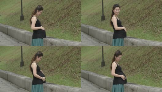 快乐的华裔孕妇在公园享受自然高清在线视频素材下载