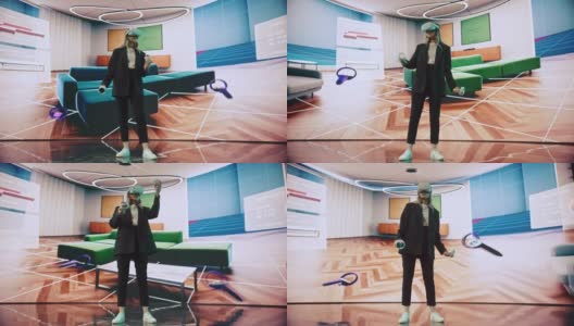 室内设计师使用VR软件设计生活空间。改变沙发的颜色，在互动环境中在大数字屏幕上移动家具。女工程师使用耳机和控制器。高清在线视频素材下载