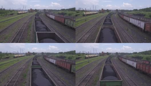 铁路运输煤炭，鸟瞰图。运货列车满载化石燃料煤，总体规划。高清在线视频素材下载