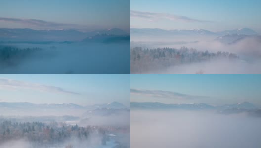 美丽的冬季风景，时光流逝。自然界的冬季雾。天气恶劣，气温寒冷。山上和森林上有雪。意大利阿尔卑斯山,Belluno。高清在线视频素材下载