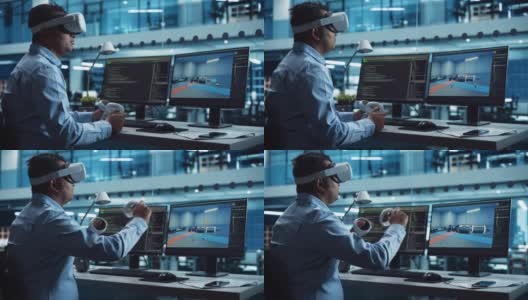汽车工程师使用VR软件在一个工厂办公室的交互式环境中工作电动马达和车辆平台。工业工程师使用耳机和控制器。高清在线视频素材下载