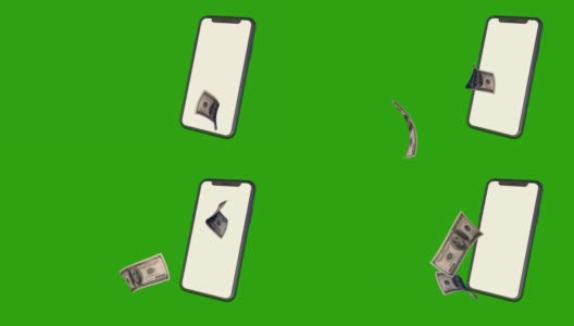 智能手机的绿色屏幕。100美元的牌子从手机里飞出来。在互联网上赚钱的概念，网上购物，金融和商业。高清在线视频素材下载