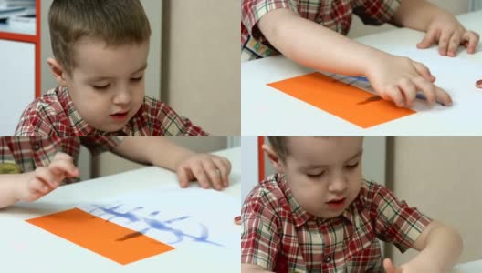 小男孩在画手指画高清在线视频素材下载