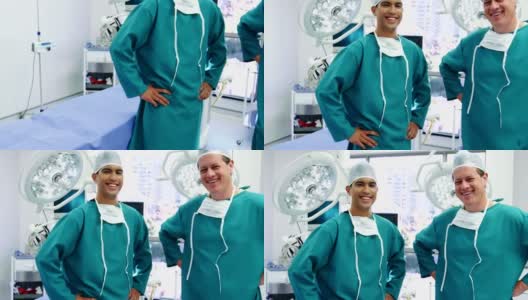 男性外科医生双手叉腰站在手术室的肖像高清在线视频素材下载