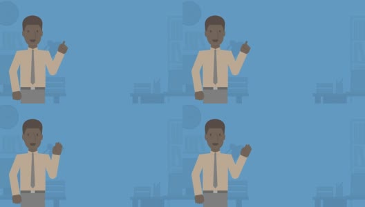 商人非洲裔美国人介绍商务办公室蓝色背景，无缝循环动画4K与复制空间高清在线视频素材下载