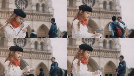 戴着贝雷帽、围着红领巾的可爱小女孩坐在巴黎圣母院附近画素描高清在线视频素材下载