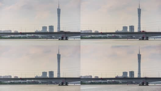 阳光明媚的一天广州市广州塔河湾大桥全景4k时间流逝中国高清在线视频素材下载
