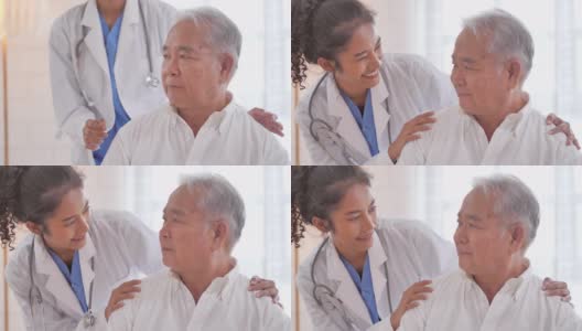 肖像微笑快乐的志愿者年轻黑人妇女护士看护者与亚洲资深祖父病人在家。年老的祖父和照顾者给予支持。医疗保健:照顾高清在线视频素材下载