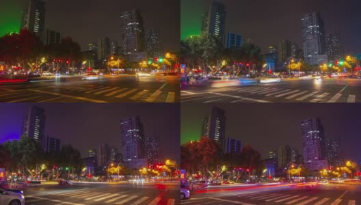 夜光照亮了南京市中心交通十字路口，时光流逝的4k中国全景高清在线视频素材下载