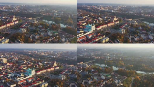 奥运会后,白俄罗斯。鸟瞰赫罗德纳城市天际线。著名的著名历史地标在晴朗的秋日高清在线视频素材下载