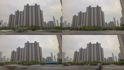 阴天南京城市公寓住宅交通街道十字路口全景时间间隔4k中国高清在线视频素材下载