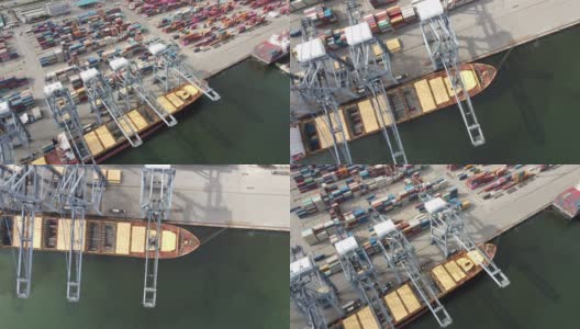 日出时分船厂集装箱货轮工作吊车桥的物流运输高清在线视频素材下载