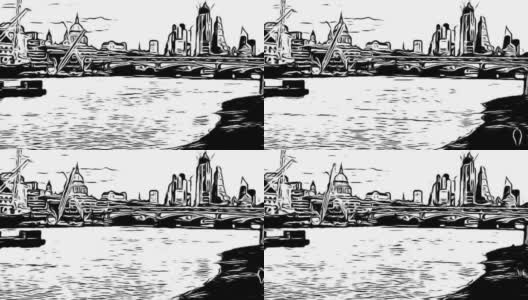伦敦，圣保罗大教堂，泰晤士河金融区，商业漫画书水墨风格的动画素材视频高清在线视频素材下载