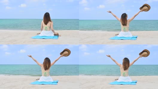 暑假亚洲女人在比基尼享受美丽的热带白色沙滩在泰国高清在线视频素材下载