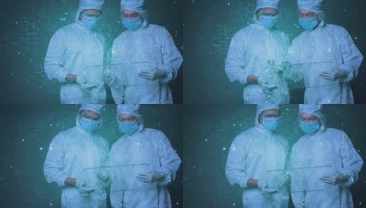 医学科学家医生疫苗研究病毒分析洁净室实验室用高科技技术人工智能医院医疗保健数字未来虚拟现实高清在线视频素材下载